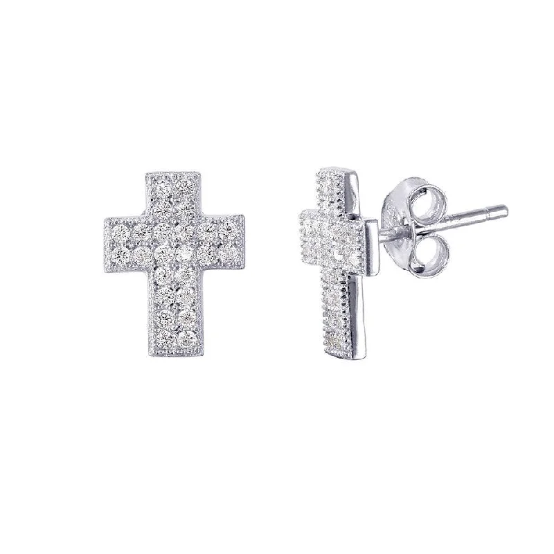 ladies earrings feather emerald-Silver 925 Rhodium Plated Cross CZ Earrings - STE01021