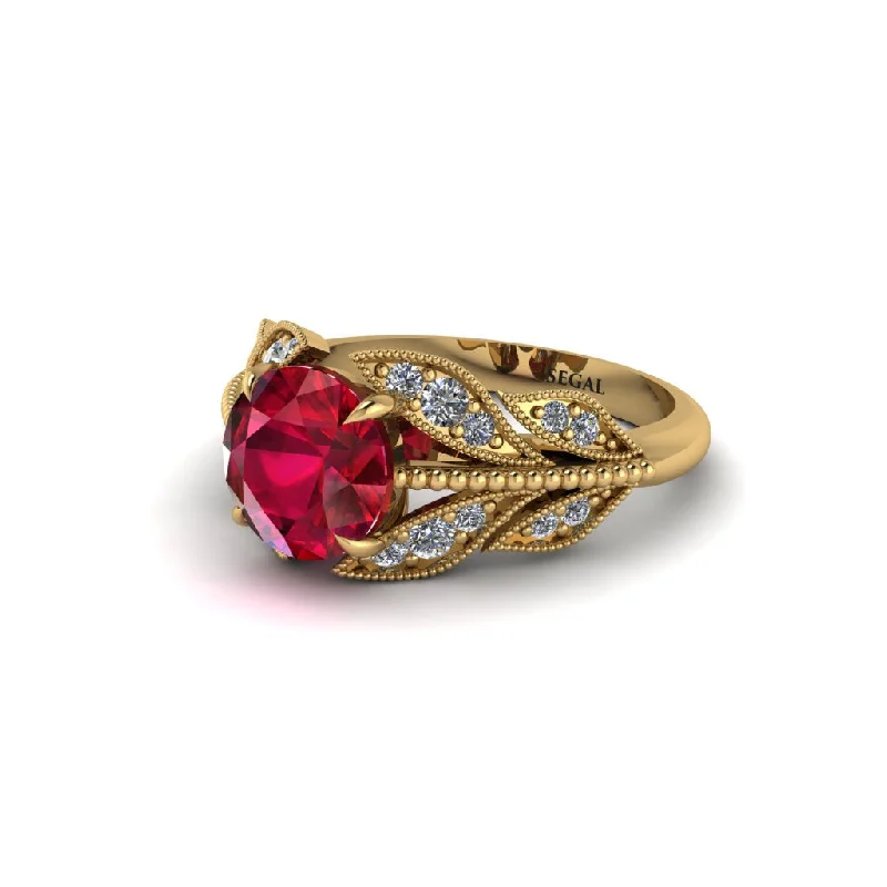 ladies engagement ring tropical trillion cut-Ruby Majestic Leaf Gold Engagement Ring - Makenna No. 10