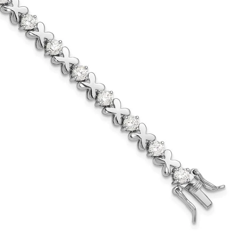 Ladies bracelets festive holiday gifts-Sterling Silver Rhodium-plated Polished Fancy X's CZ Tennis Bracelet