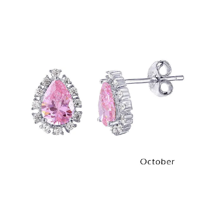 ladies earrings statement fringe-Rhodium Plated 925 Sterling Silver Teardrop Halo CZ Birthstone Earrings October - STE01027-OCT