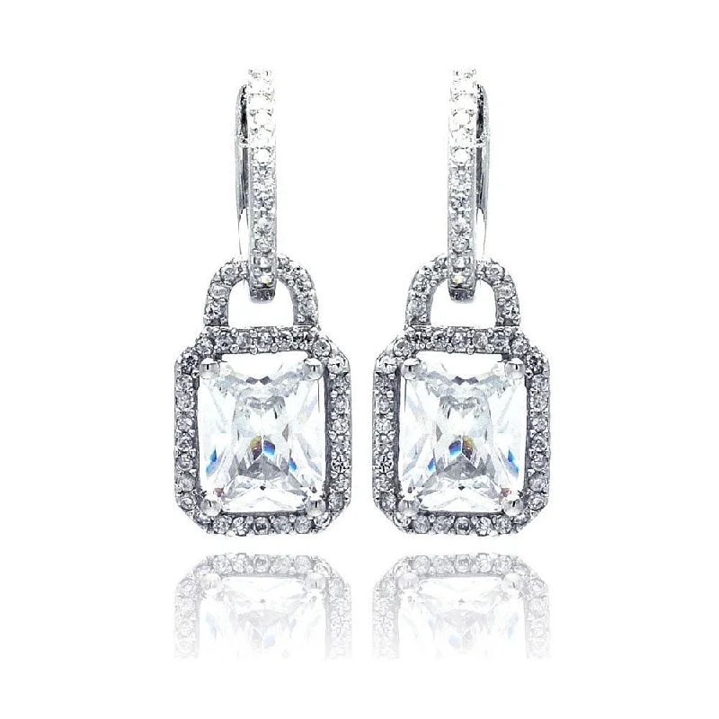 ladies earrings classic climber-Silver 925 Rhodium Plated Micro Pave Clear Square CZ Dangling huggie hoop Earrings - ACE00031