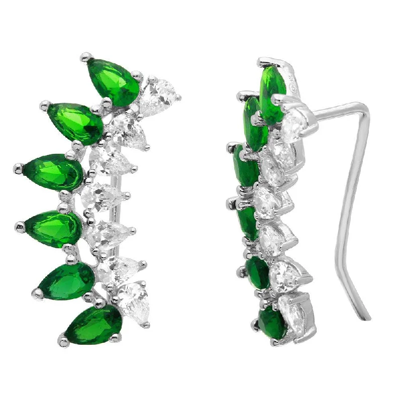 ladies earrings christmas chain-Silver 925 Rhodium Plated Pear Shape Clear and CZ Green Climbing Earrings - GME00059-GREEN