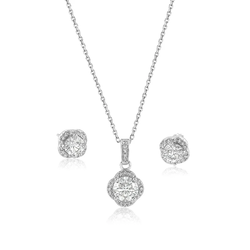 ladies earrings premium opal-Rhodium Plated 925 Sterling Silver Round Moissanite 0.5 Carat Earring and 1 Carat Necklace Sets - MBGS00002