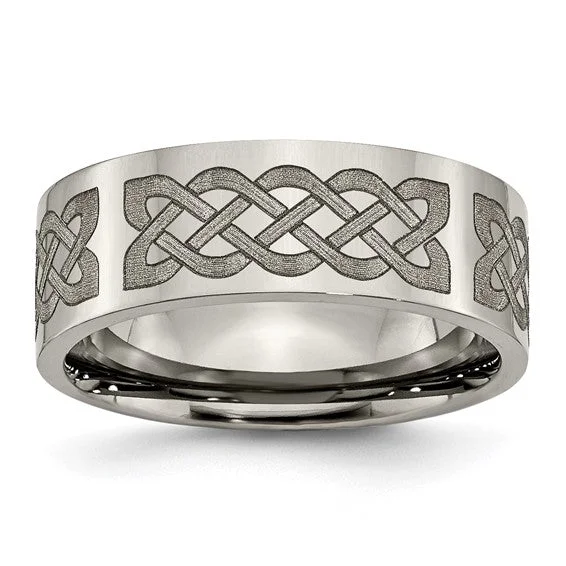 ladies ring sculpted turquoise-Titanium Flat 8mm Celtic Knot Laser Design Polished Band