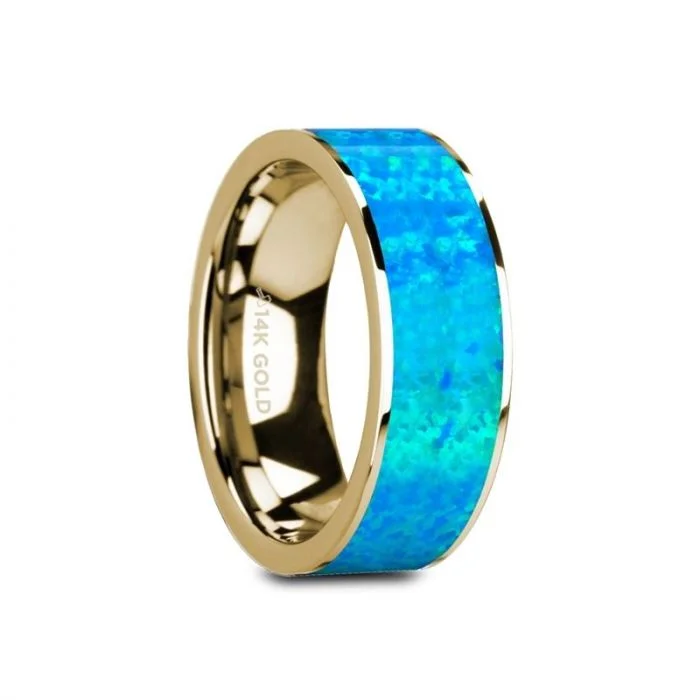 ladies ring trendy asscher cut-Thorsten GANYMEDE 14K Yellow Gold with Blue Opal Inlay and Polished Edges Flat Band - 8mm