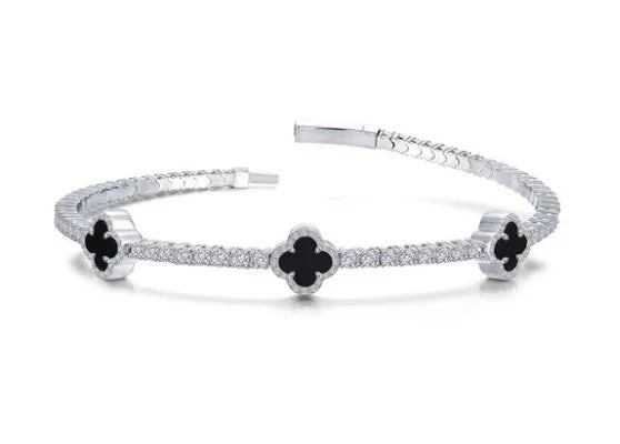 Ladies bracelets seasonal collection styles-Sterling Silver Simulated Diamond & Genuine Onxy Clover Bangle Tennis Bracelet by Lafonn