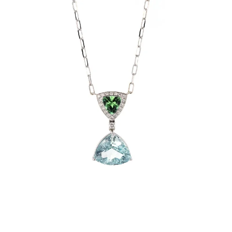 Ladies necklaces rainbow gem designs-Tourmaline, Aquamarine & Diamond Stationary Pendant Necklace