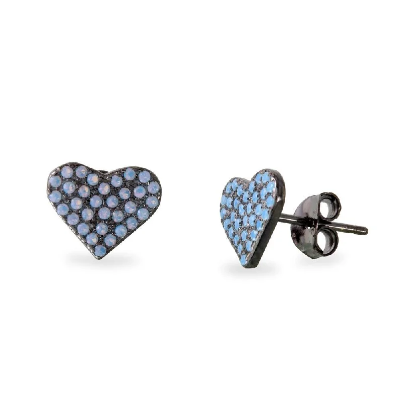 ladies earrings birthstone climber-Black Rhodium Plated 925 Sterling Silver Heart Earrings with Round Blue CZ - BGE00540