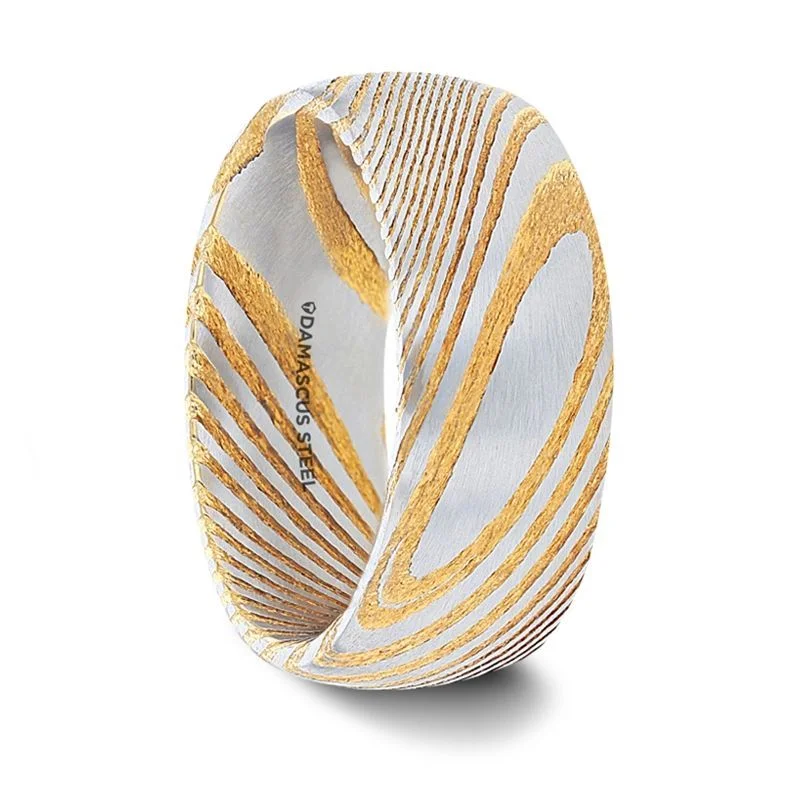 ladies ring butterfly artisan-Thorsten CERSEI Gold Domed Brushed Damascus Steel Men’s Wedding Band with Vivid Etched Design - 6mm & 8mm