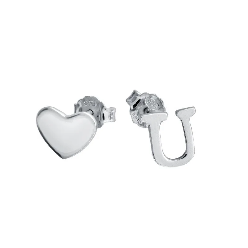 ladies earrings unique round-Rhodium Plated 925 Sterling Silver Heart and U Earrings - SOE00040