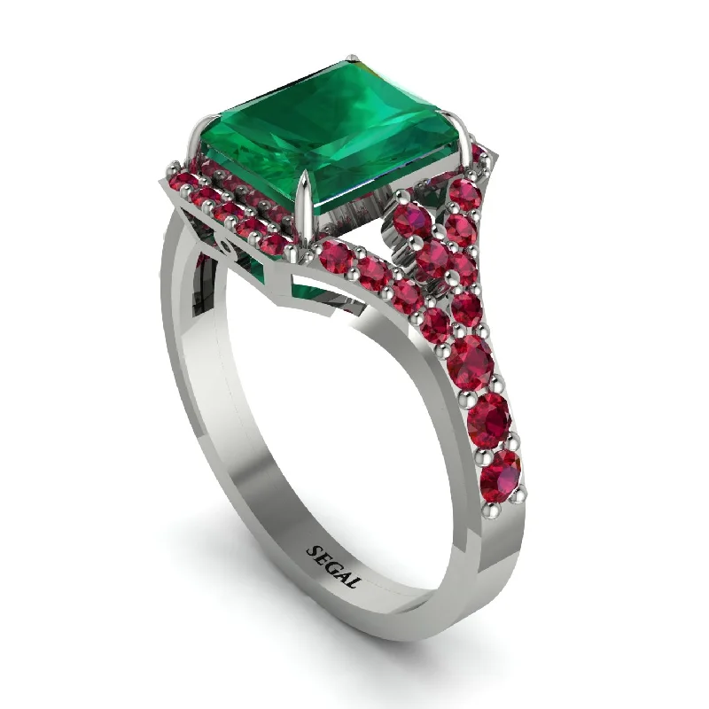 ladies engagement ring birthstone side stones-Radiant Cut Emerald 14K Halo Engagement Ring - Cassidy No. 51