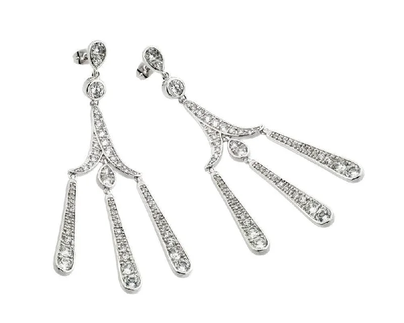 ladies earrings feather multi-stone-Silver 925 Rhodium Plated Three Strand Chandelier CZ Dangling Stud Earrings - BGE00259