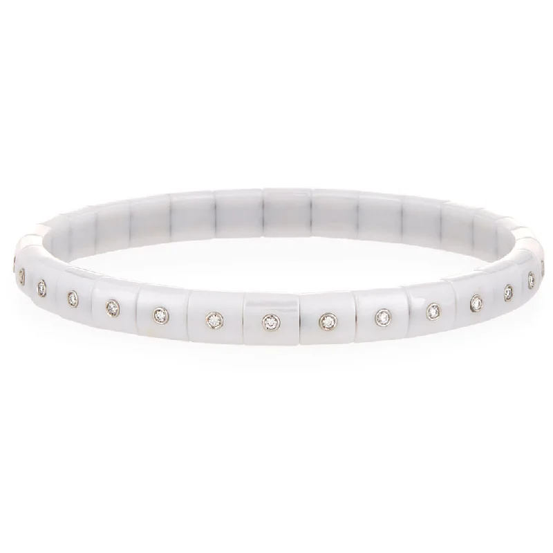 Ladies bracelets birthstone accent styles-Roberto Demeglio Pura Glossy White Ceramic Elastic Bracelet Eternity Style Diamonds