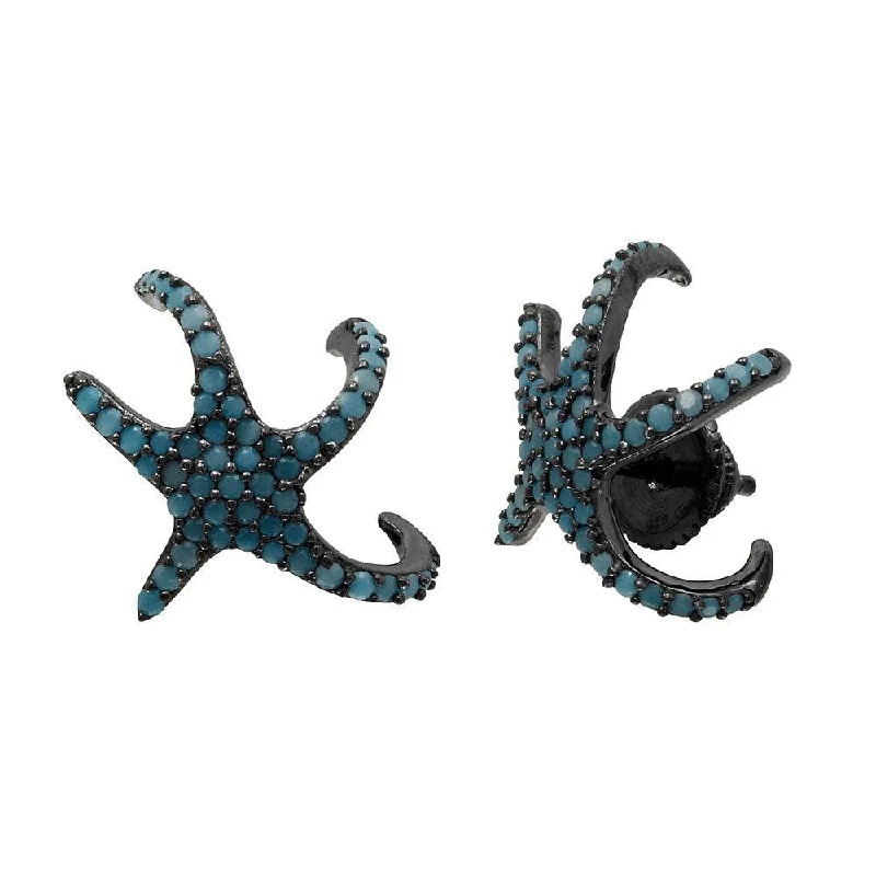 ladies earrings trendy huggie-Black Rhodium Plated 925 Sterling Silver Hugging CZ Starfish With Turquoise Stones Earrings - GME00045BLK-T