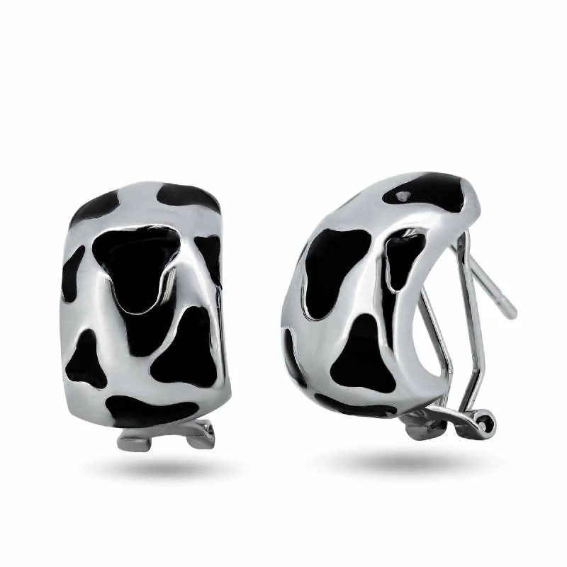 ladies earrings polished huggie-Clearance-Silver 925 Rhodium Plated Cow Print Hoop Earrings - BGE00126