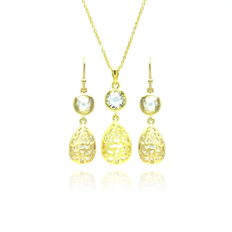 ladies earrings premium multi-stone-Silver 925 Gold Plated Teardrop Round CZ Dangling Stud Earring and Necklace Set - STS00374