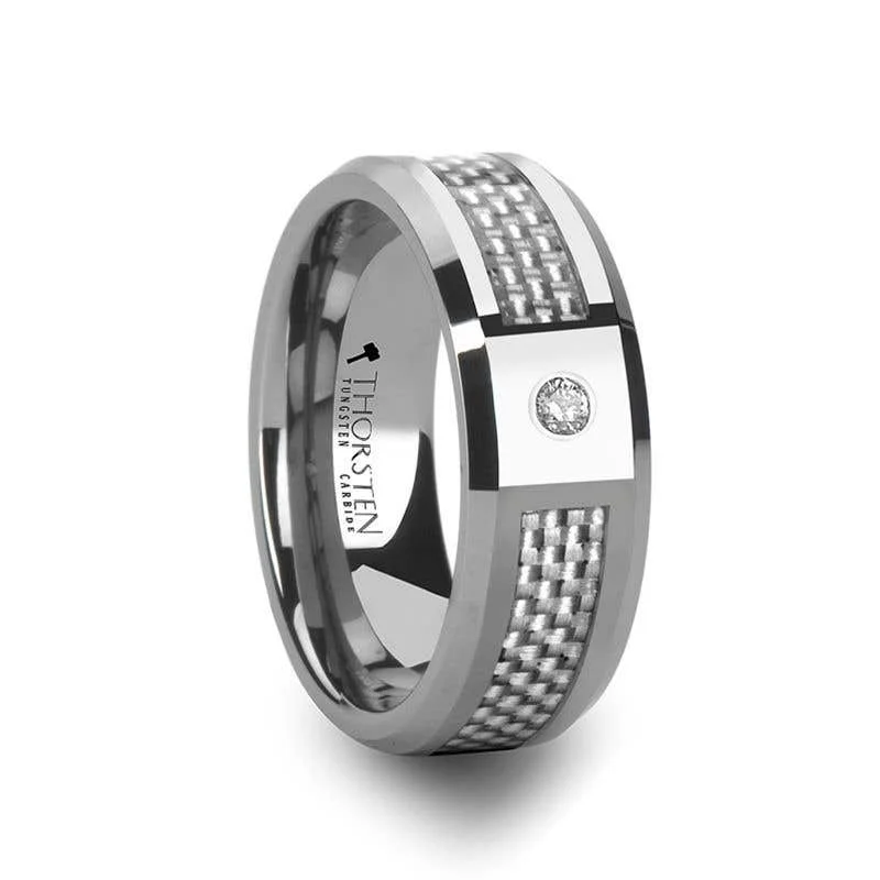 ladies ring premium cluster-Thorsten ROYCE Tungsten Wedding Band White Carbon Fiber Diamond Setting - 8mm