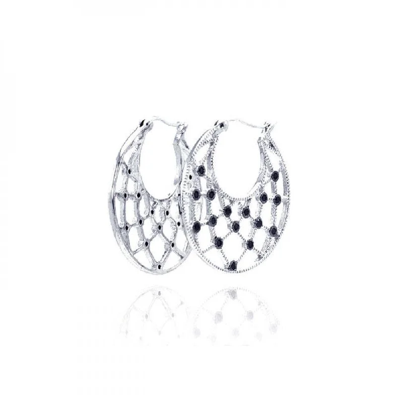 ladies earrings premium teardrop-Clearance-Silver 925 Rhodium Plated Black Round CZ Web Crescent Hoop Earrings - STE00519BLK