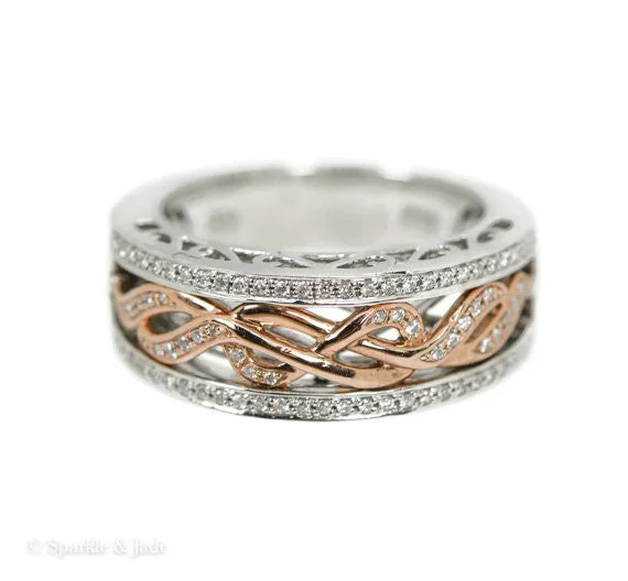 ladies ring slim tension-14K White Gold & Rose Gold Diamond Infinity Wide Filigree Wedding Band