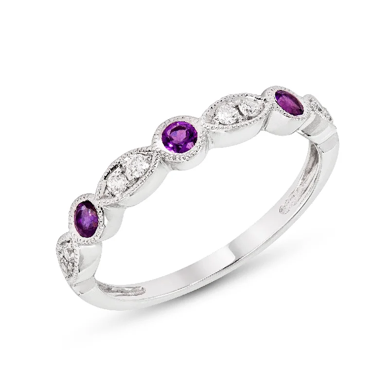 ladies ring glossy platinum-14k White or Yellow Gold Amethyst & Diamond Anniversary Band