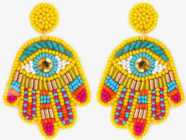 ladies earrings romantic red ruby-Evil Eye Protection Seed Bead Hamsa Shape Earrings