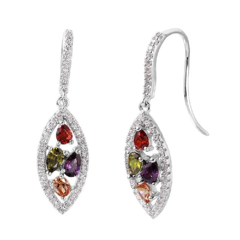 ladies earrings delicate pave-Silver 925 Rhodium Plated Marquise-Shaped Multi-Color CZ Earrings - BGE00460