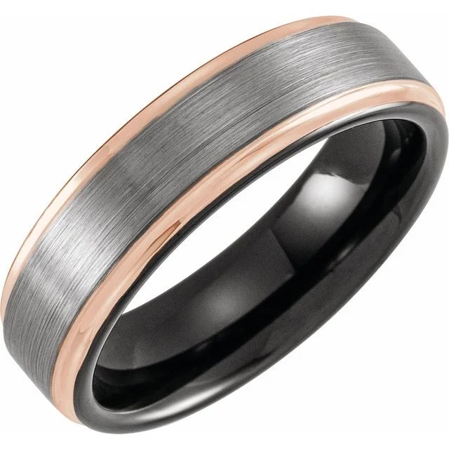 ladies ring sleek channel-Black & 18K Rose Gold PVD Tungsten 6 mm Grooved Band with Satin Finish