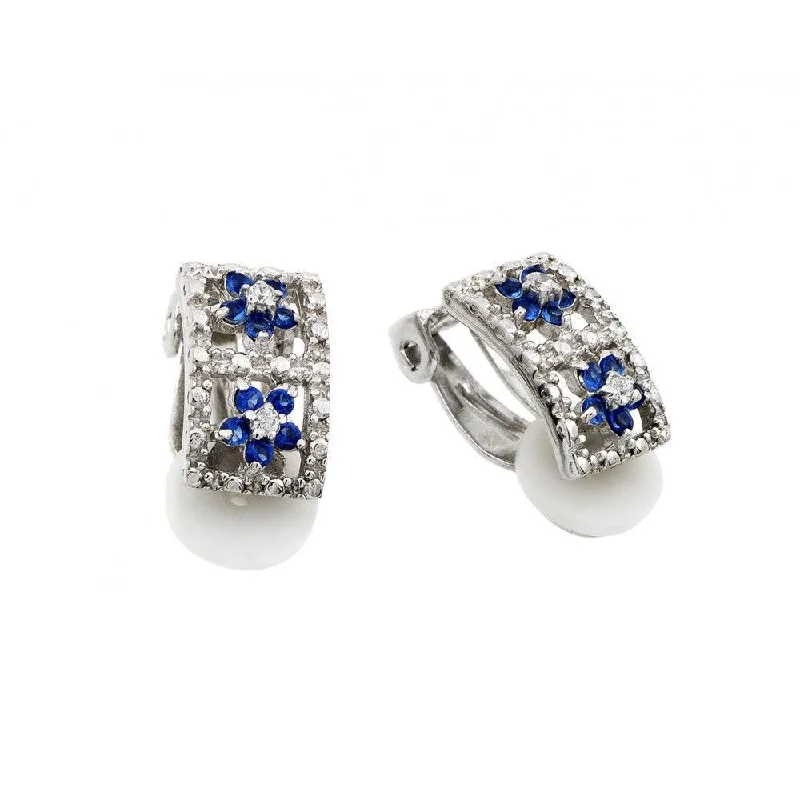 ladies earrings leaf ruby-Silver 925 Rhodium Plated Flower Round Blue and Clear CZ Hoop Earrings - STE00741