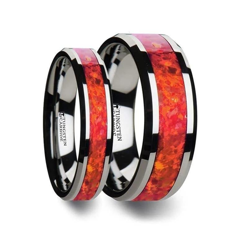 ladies ring polished sapphire-Thorsten NEBULA Tungsten Wedding Band with Beveled Edges and Red Opal Inlay - 4mm 6mm 8mm