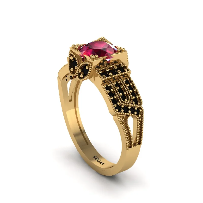 ladies engagement ring zodiac tension-Ruby Milgrain Gold Engagement Ring - Lyric No. 40