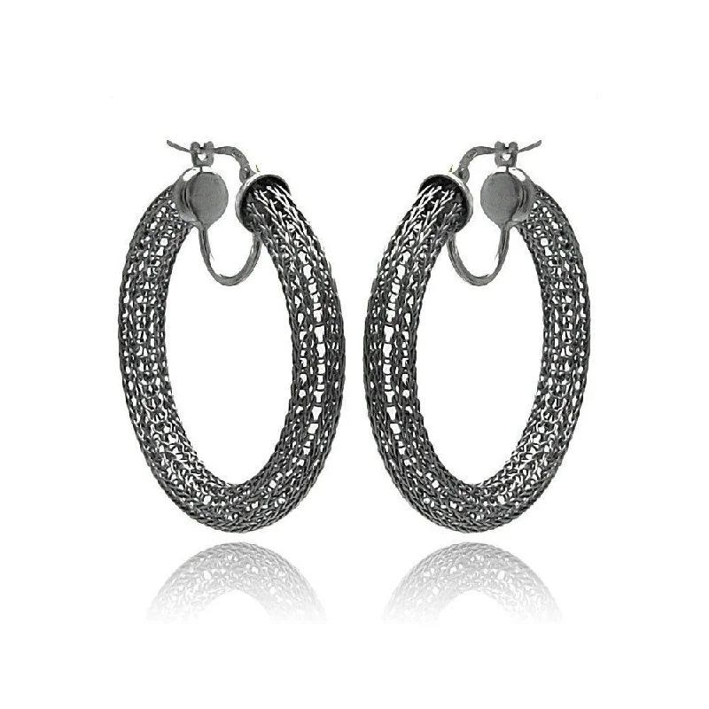 ladies earrings affordable ruby-Clearance-Silver 925 Black Rhodium Mesh Plated Hoop Earrings - ITE00039BLK