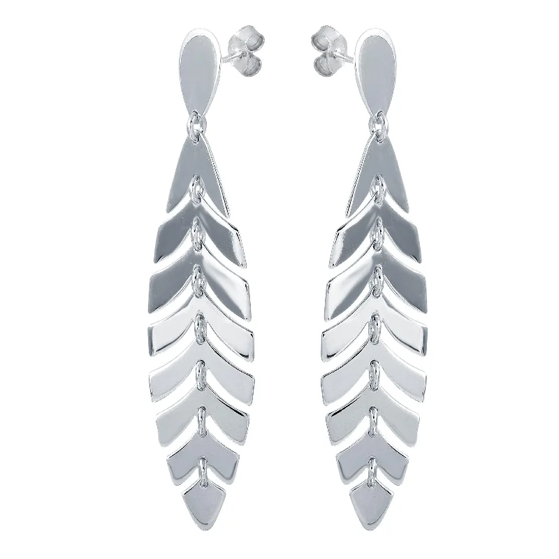 ladies earrings beach moonstone-Rhodium Plated 925 Sterling Silver Dangling Flexible Leaves Earrings - SOE00028