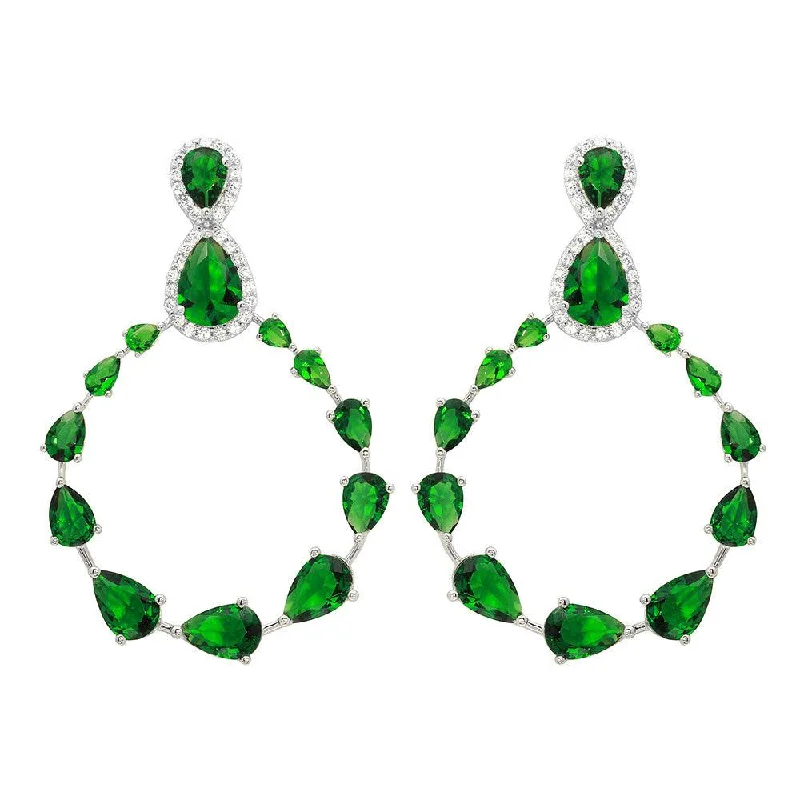 ladies earrings holiday multi-stone-Rhodium Plated 925 Sterling Silver Green and Clear Teardrop with Open Hanging Graduated CZ Earrings - GME00104-GREEN