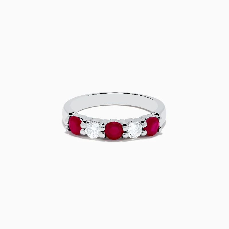 ladies ring delicate solitaire-14K White Gold Ruby and Diamond Stacking Band, 1.14 TCW