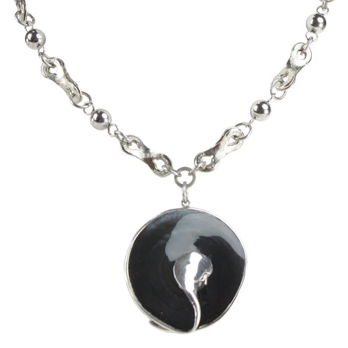 Ladies necklaces polished shiny designs-Black Shell & Sterling Silver Swirl Pendant Necklace