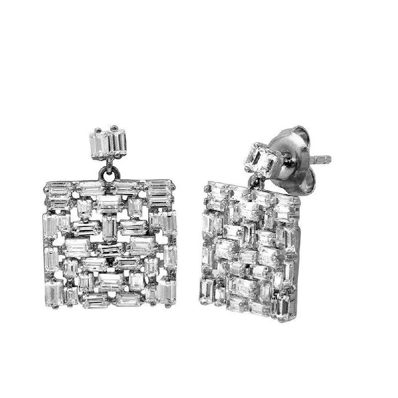 ladies earrings vintage square-Rhodium Plated 925 Sterling Silver Square Multi Baguette CZ Dangling Earrings - GME00099