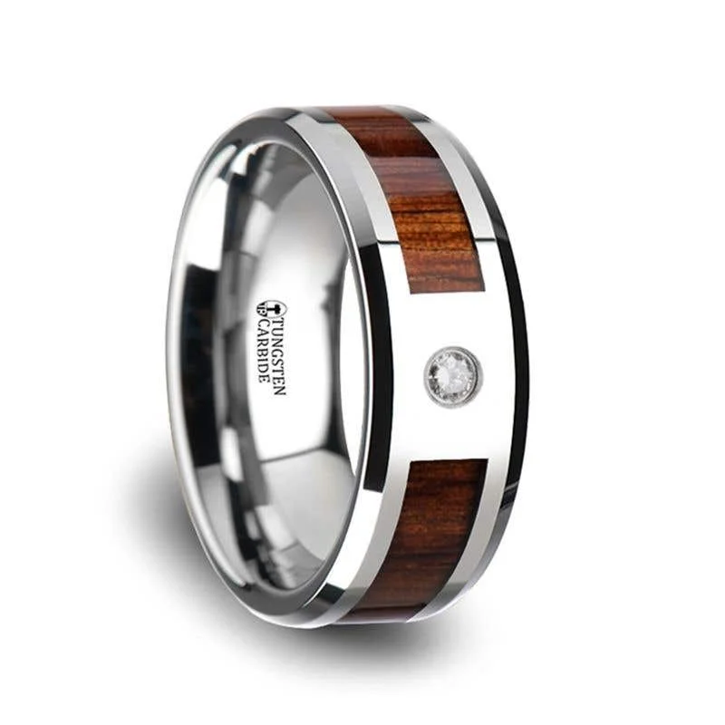 ladies ring small batch garnet-Thorsten KAHUNA Tungsten Carbide Beveled Edged Diamond Wedding Band with Koa Wood Inlay & Polished Edges - 8mm