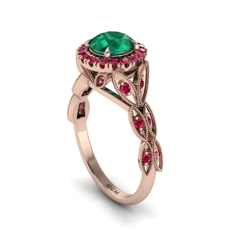 ladies engagement ring modern garnet-Emerald Halo Nature Inspired Leaf Engagement Ring - Alessandra No. 50