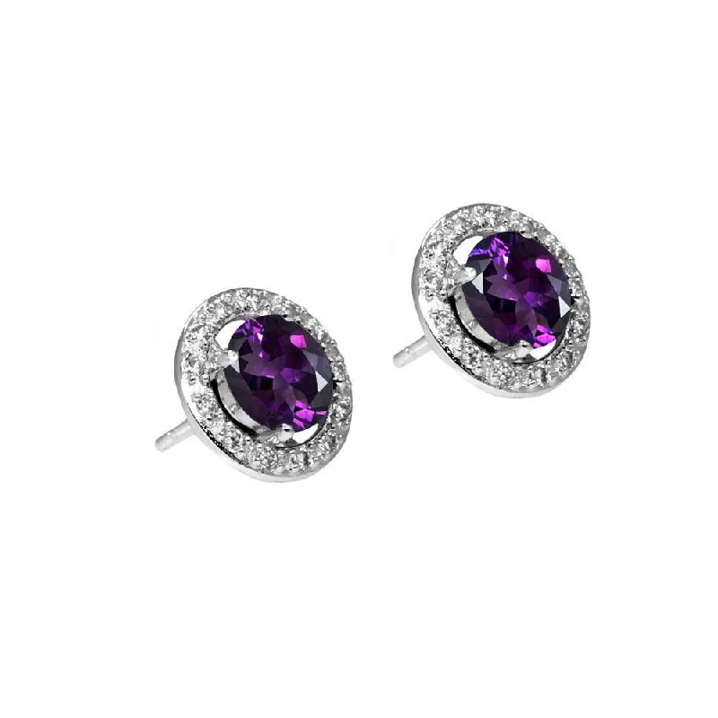 ladies earrings initial fringe-Silver 925 Rhodium Plated Purple and Clear Round CZ Stud Earrings - BGE00332