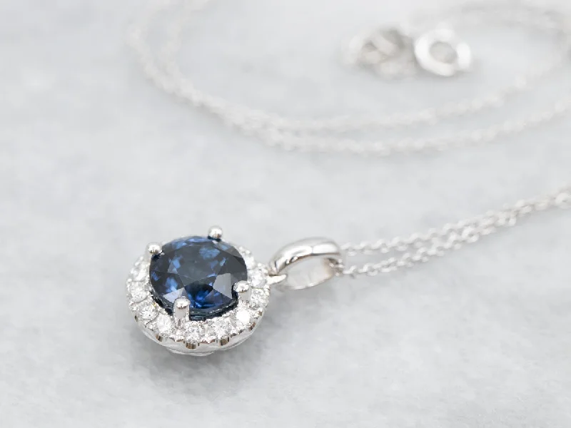 Ladies necklaces ruby gem accents-Sapphire and Diamond Halo Pendant Necklace