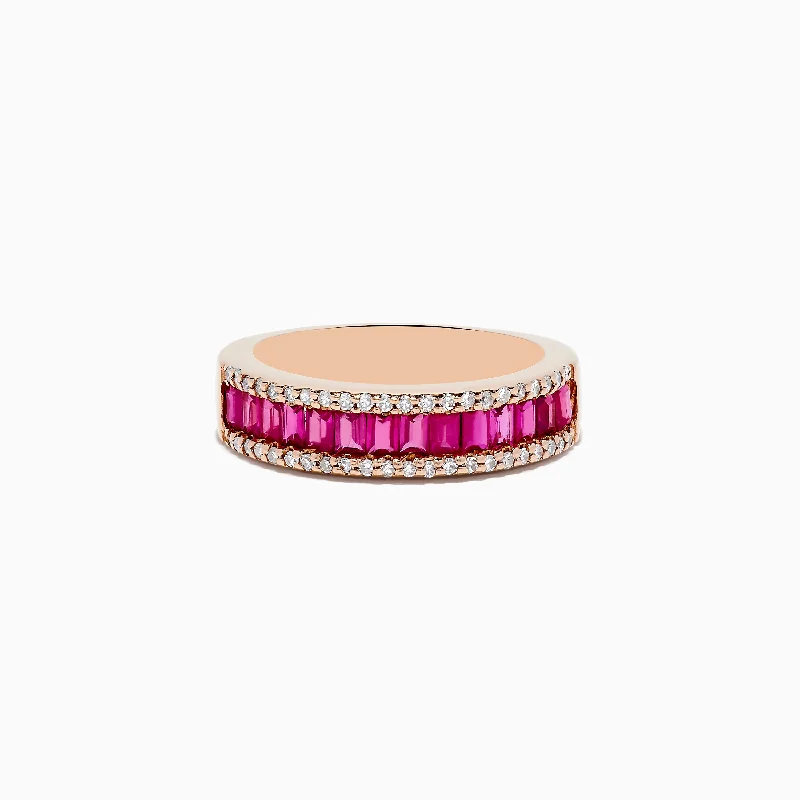 ladies ring intricate aquamarine-Ruby Royal 14K Rose Gold Baguette Cut Ruby and Diamond Band, 1.28 TCW