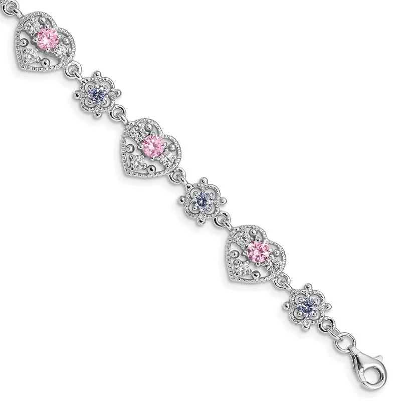 Ladies bracelets cultural heritage designs-Sterling Silver Rhod-plated 7inch Pink and Clear CZ Heart Bracelet