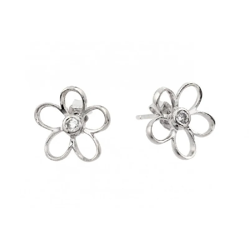 ladies earrings classic climber-Silver 925 Rhodium Plated Open Flower Center CZ Stud Earrings - BGE00395