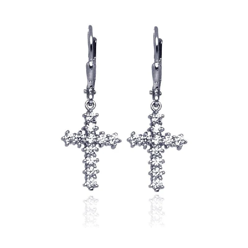 ladies earrings designer halo-Silver 925 Rhodium Plated Cross CZ Dangling huggie hoop Earrings - STE00635