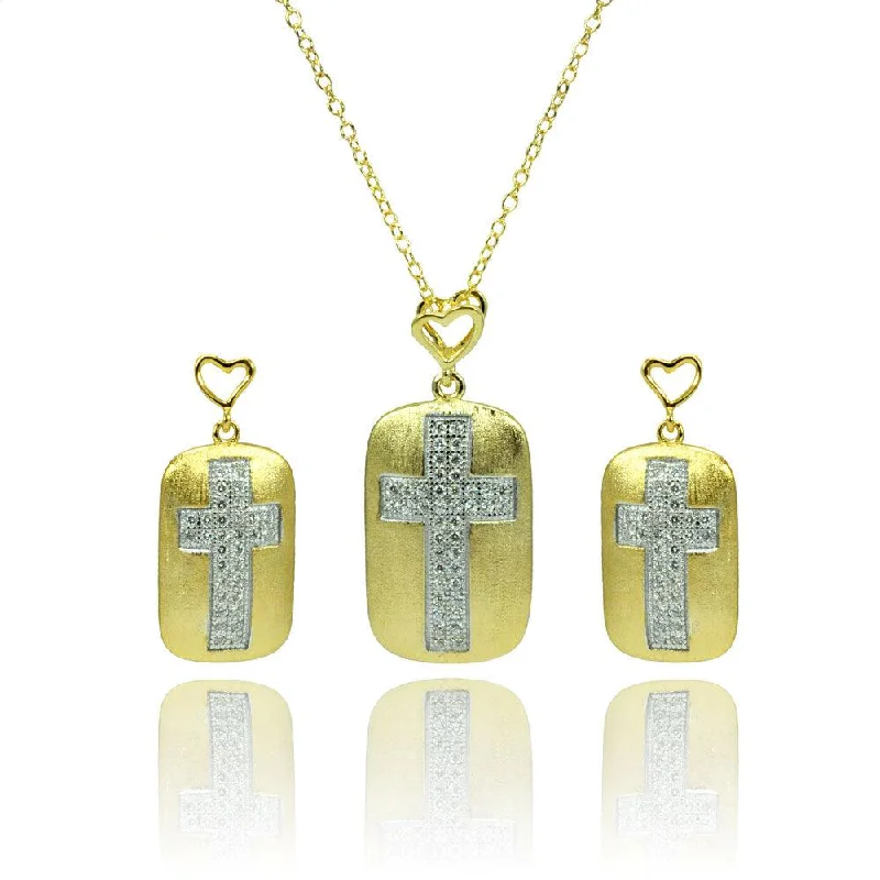 ladies earrings gothic threader-Silver 925 Rhodium and Gold Plated Clear CZ Cross Center Open Heart Dangling Stud Earring and Necklace Set - BGS00382