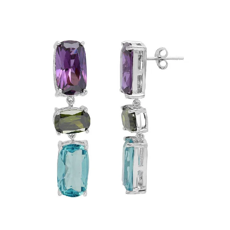 ladies earrings mother’s short-Rhodium Plated 925 Sterling Silver Multi Color CZ Drop Earrings - BGE00500