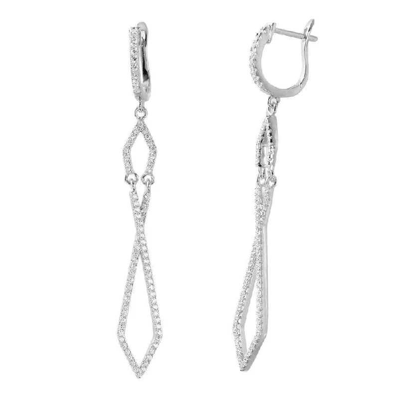 ladies earrings shell black diamond-Silver 925 Rhodium Plated Dangling Open Square CZ huggie hoop Earrings - ACE00099RH