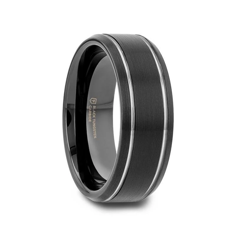 ladies ring trillion cut topaz-Thorsten NOCTURNE Black Beveled Tungsten Carbide Band with Polished Grooves and Brushed Finish - 6mm or 8mm