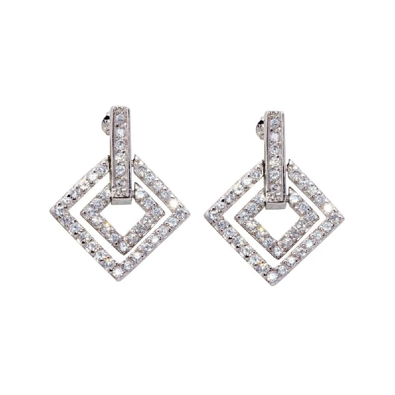 ladies earrings constellation diamond-Silver 925 Rhodium Plated CZ Rectangular Stud Earrings - STE00028