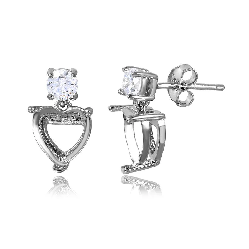 ladies earrings luxury halo-Silver 925 Rhodium Plated Personalized Mounting Heart with CZ Earrings - BGE00477